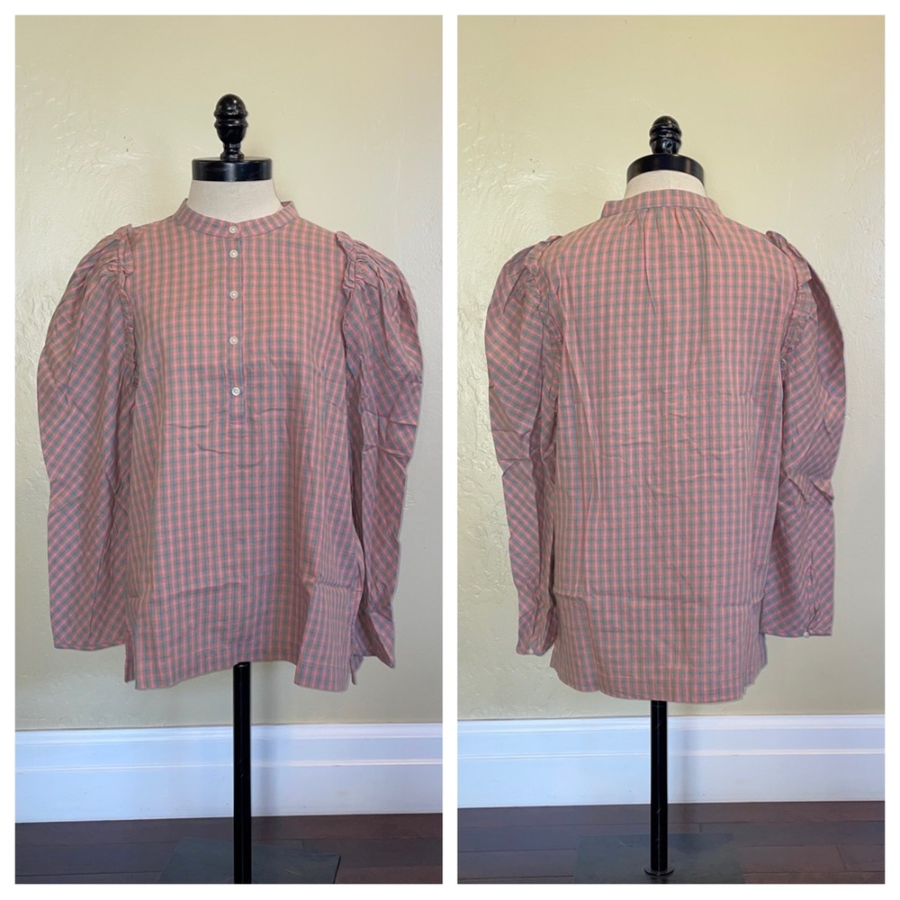 J Crew Puff-Sleeve Top in Field Check Flannel Shirt Size Medium